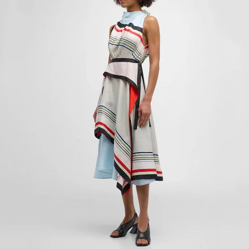 Women's Irregular Colorblocking Sleeveless Dress, Tie Waist Printed Dress, High Quality, Fashionable and Sexy