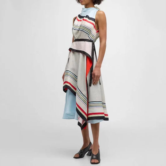 Women's Irregular Colorblocking Sleeveless Dress, Tie Waist Printed Dress, High Quality, Fashionable and Sexy