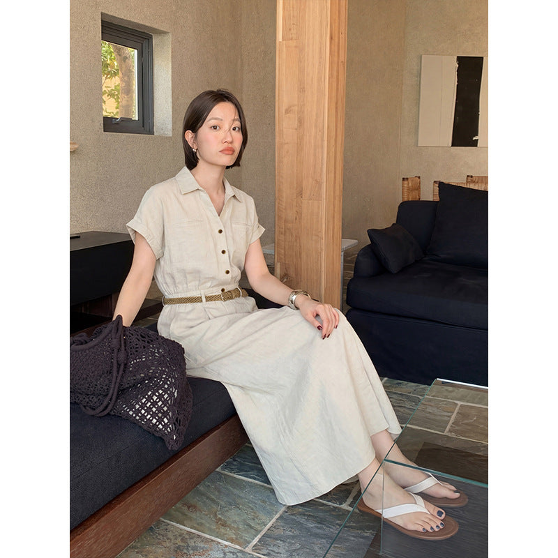Tencel Linen V-Neck Fitted Dress Fashion Casual Jumpsuit