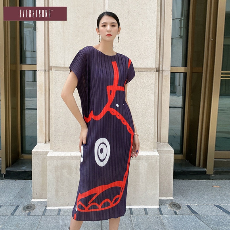 Wrinkled Summer High-Waisted Long Skirt Slimming Round Neck And Front And Back Dress