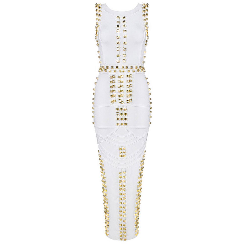 White Sleeveless Metal Ring Adorn Women's Bodycon New Fashion Midi Calf Bandage Dress