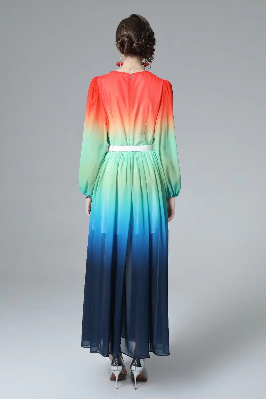 Spring And Summer New Women's Round Neck Lantern Long Sleeve Gradient Sexy Slit Dress