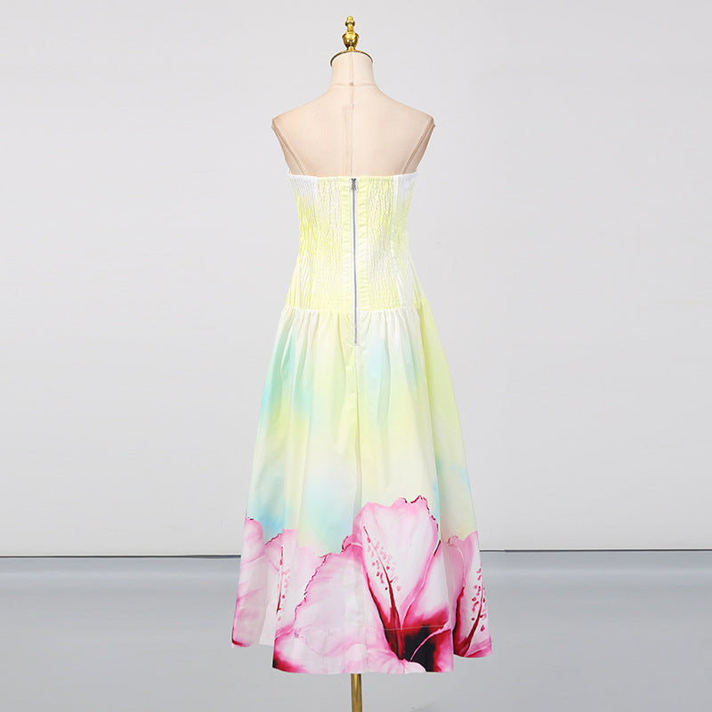 French Trendy Sexy Strapless Dress Fashion Floral Print Pleated Fitted Sleeveless Dress