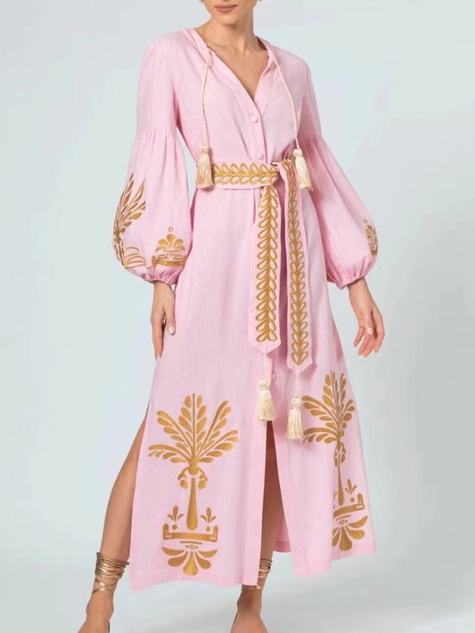 Literary retro style waist slimming lantern sleeve long dress printed lace-up long dress
