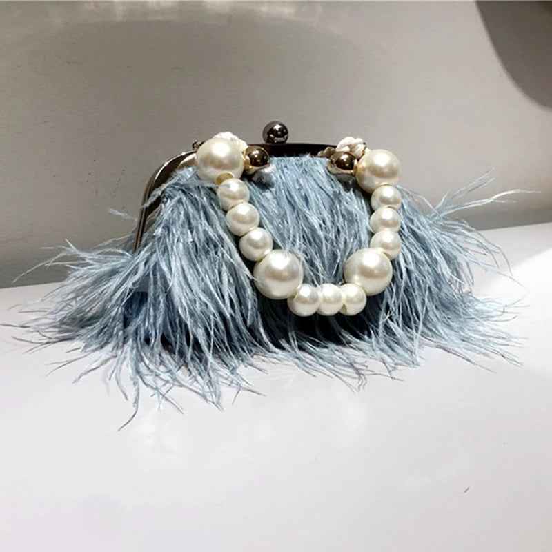 Feather Handbag Women Evening Crossbody Bag Pearl Chain Snake Chain Shoulder Bag Luxury Women Bags Design Party