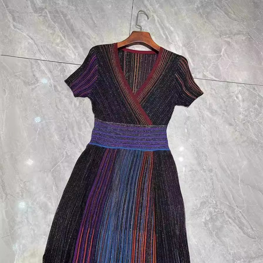 Nanyou Summer Gradient Color Striped Long Skirt Temperament Commuting Pleated Skirt Waist Knitted Elastic Dress
