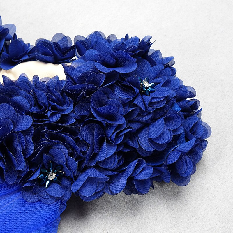 Trendy Appliques Design Blue Long Dress Women Sexy Deep V Neck Celebrity Party Club Dress