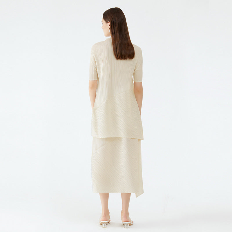 Spring new Korean style solid color pleated women's mid-length top irregular skirt clothing two-piece suit