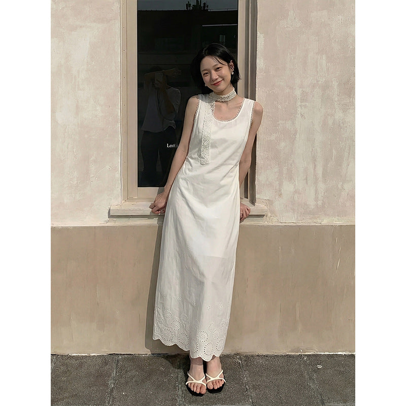 French Minimalist Lace Sleeveless Dress Summer Commuter Versatile Straight Long Dress