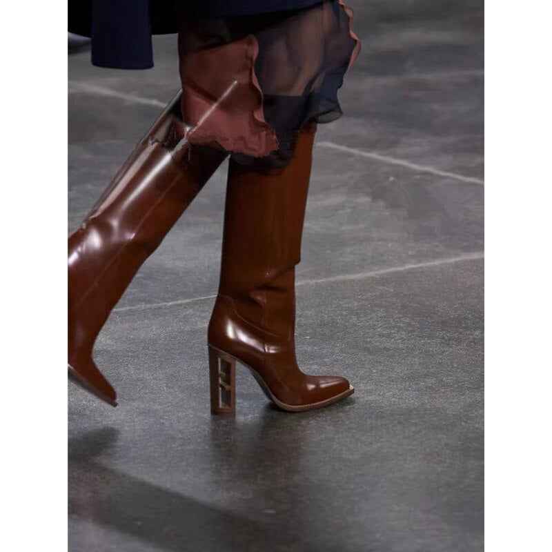 Ladies Autumn Pointed Toe Knee Boots Brand New Hollow Wooden High Heel Sexy High Boots/Red Brown/Black/Grey Plaid 34-43 Sizes