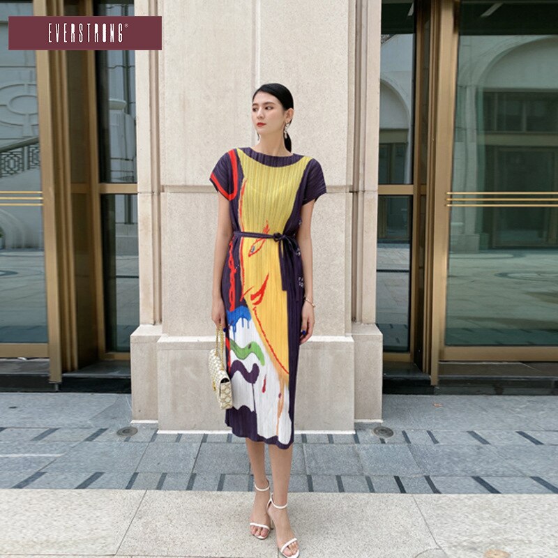 Wrinkled Summer High-Waisted Long Skirt Slimming Round Neck And Front And Back Dress