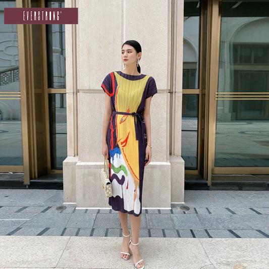 Wrinkled Summer High-Waisted Long Skirt Slimming Round Neck And Front And Back Dress