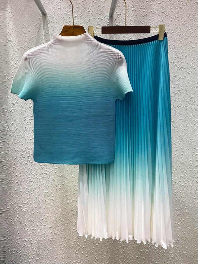 New Pleated Temperament One Size Gradient Color Super Elastic All-Match Top Skirt Waist Large Size Suit