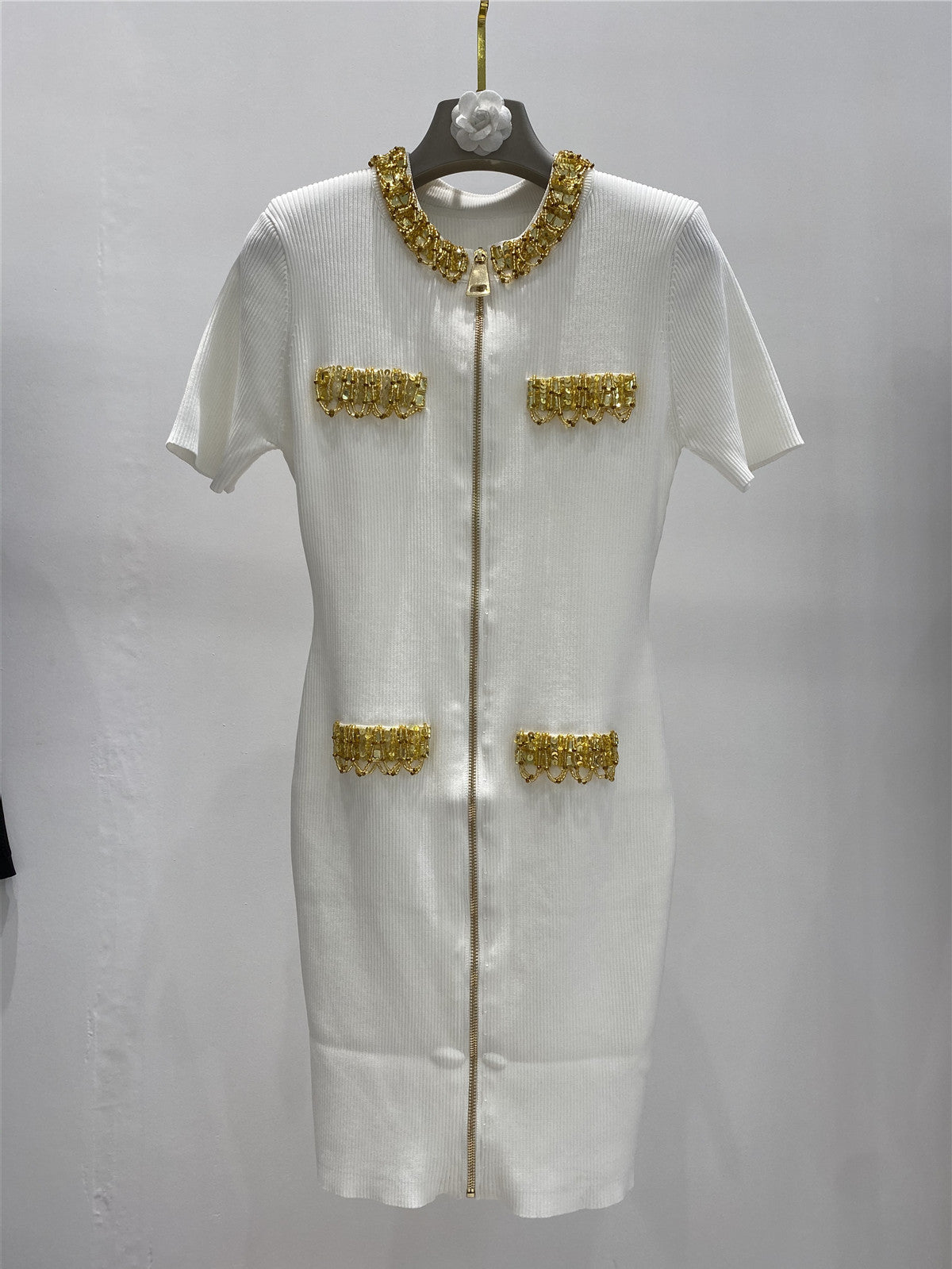 Golden nail bead sequin chain short sleeved dress for women with slim fit and goddess style
