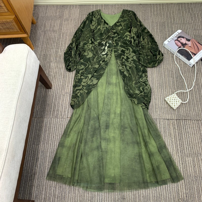 Double Warp Weaving Dyeing and Burnt Flower Printed Dress Casual Versatile Dress