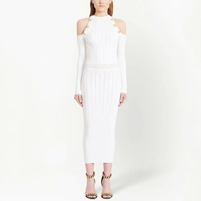 Spring And Autumn Irregular Hollow Out Sexy Round Neck Knitted Dress Knee Length Dress