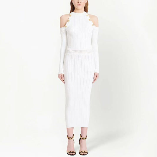 Spring And Autumn Irregular Hollow Out Sexy Round Neck Knitted Dress Knee Length Dress