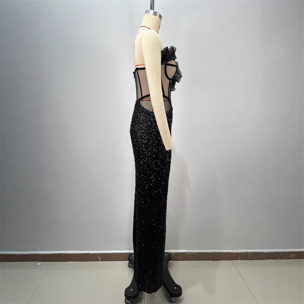 Women's Strapless Low Neck Sequined Pleated Hem Sleeveless High Slit Black Red Carpet Evening Fish Tail Dress