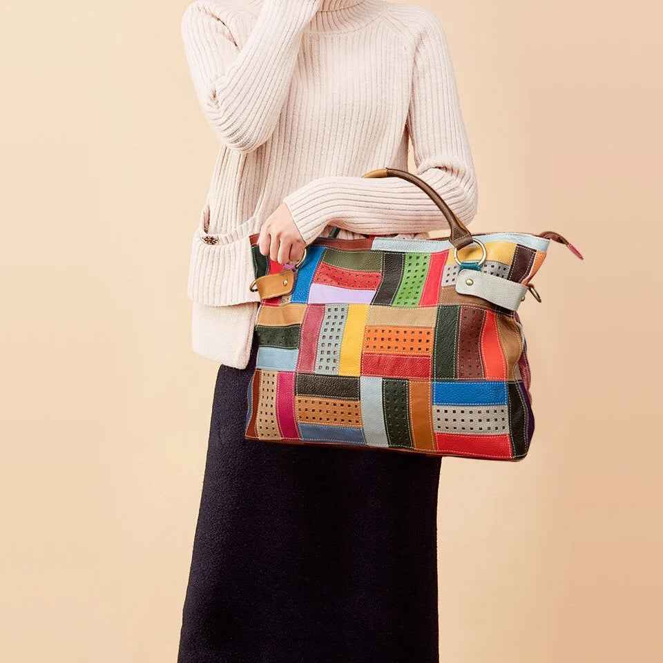 Leather head layer cowhide geometric pattern color splicing random color large handbag crossbody bag women's bag