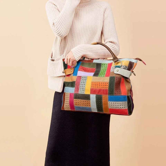 Leather head layer cowhide geometric pattern color splicing random color large handbag crossbody bag women's bag