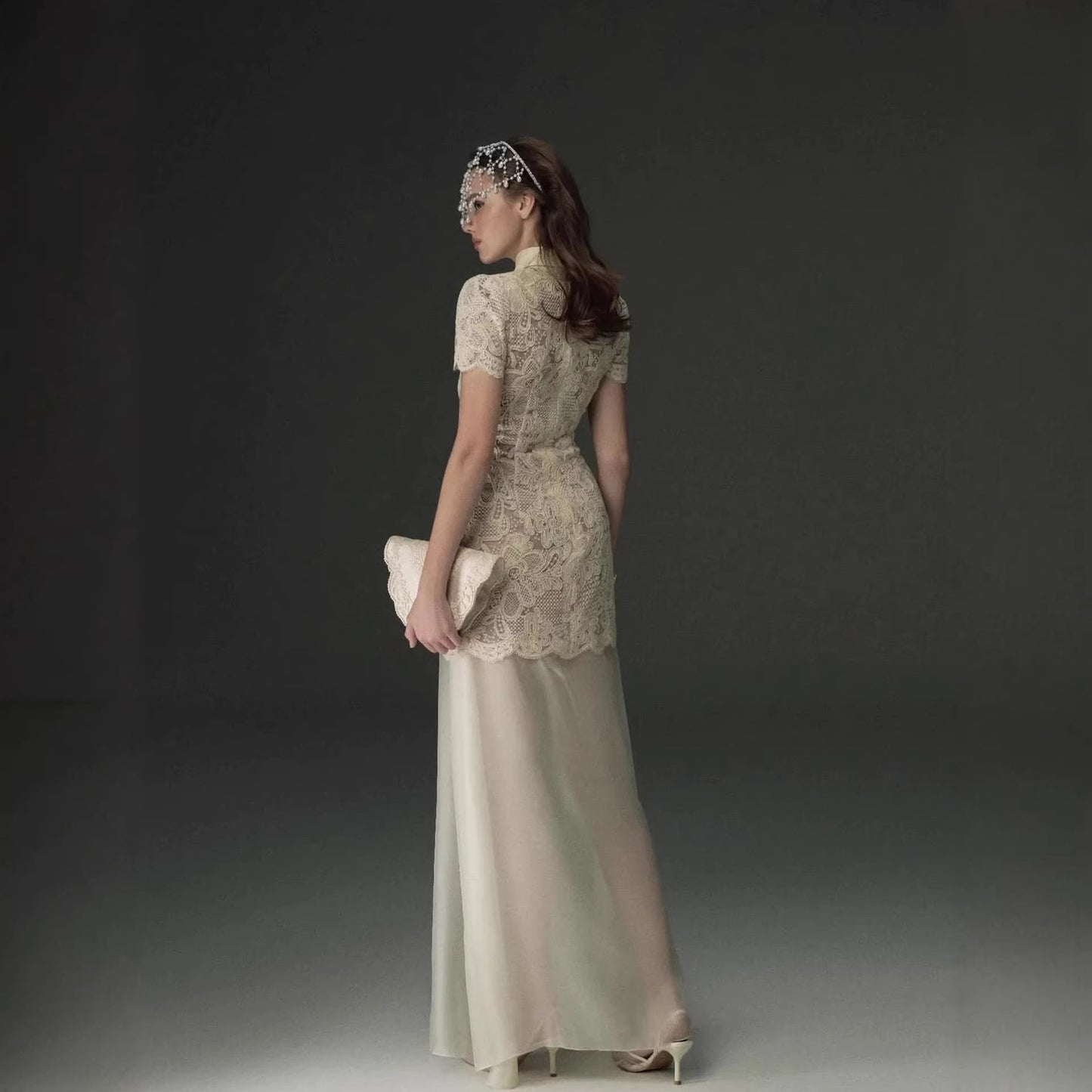 Fitted Waist Slimming Turn-down Collar Hollow Short Sleeve Lace Mid-length Mermaid Dress
