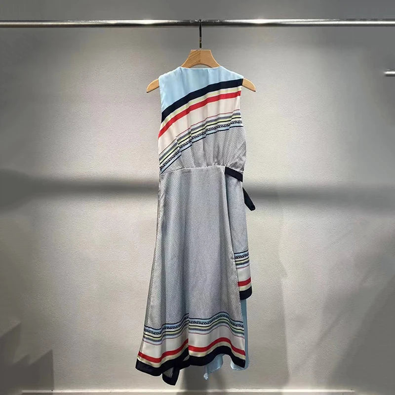 Women's Irregular Colorblocking Sleeveless Dress, Tie Waist Printed Dress, High Quality, Fashionable and Sexy