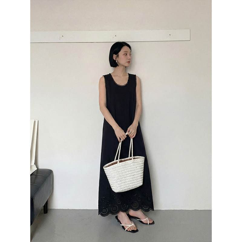 French Minimalist Lace Sleeveless Dress Summer Commuter Versatile Straight Long Dress