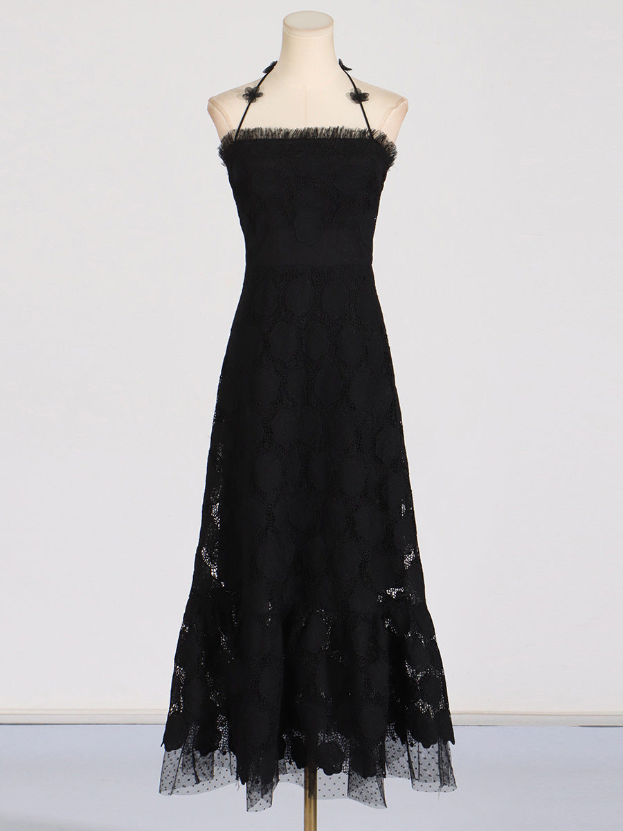 3D Flower Hanging Neck Embroidered High Waist Dress for Women
