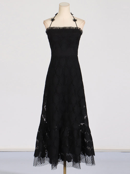 3D Flower Hanging Neck Embroidered High Waist Dress for Women