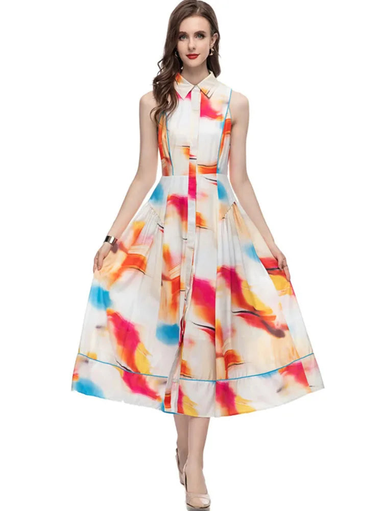 Single Breasted Lapel Print Draped Sleeveless Evening Dresses For Women Multi Elegant Light Luxury Dress