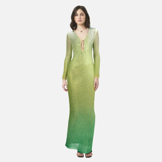 Sexy V-neck Diamond Water Diamond Tight Gradient Maxi Dress Women Long sleeved Bodycon Fashion Nightclub Celebrity Party