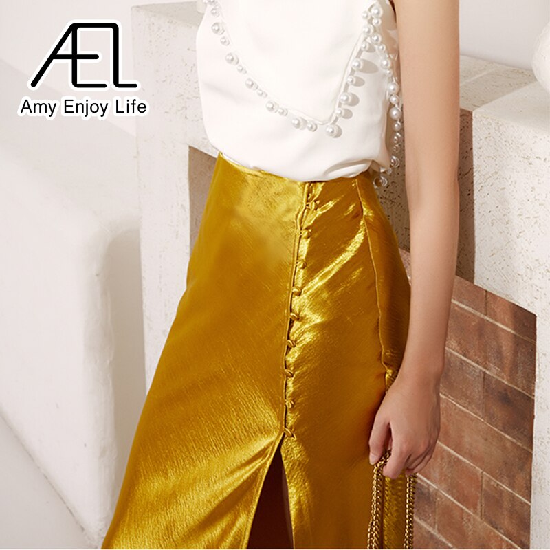AEL Asymmetric High Split Skirt Woman Long Satin Skirt Sexy Wrap Hip Summer Femme Midiskirt High Waist Golden