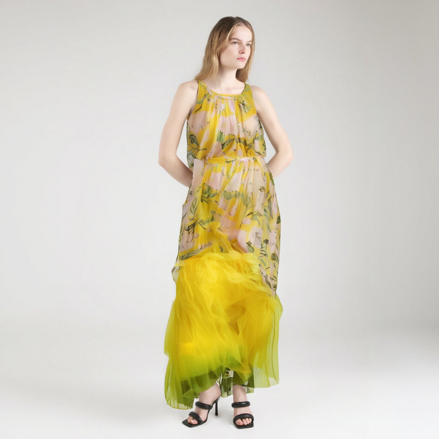 Print Mesh Ruffled Dresses For Women Round Neck Sleeveless High Waist Loose Eelgant Dress Female Spring