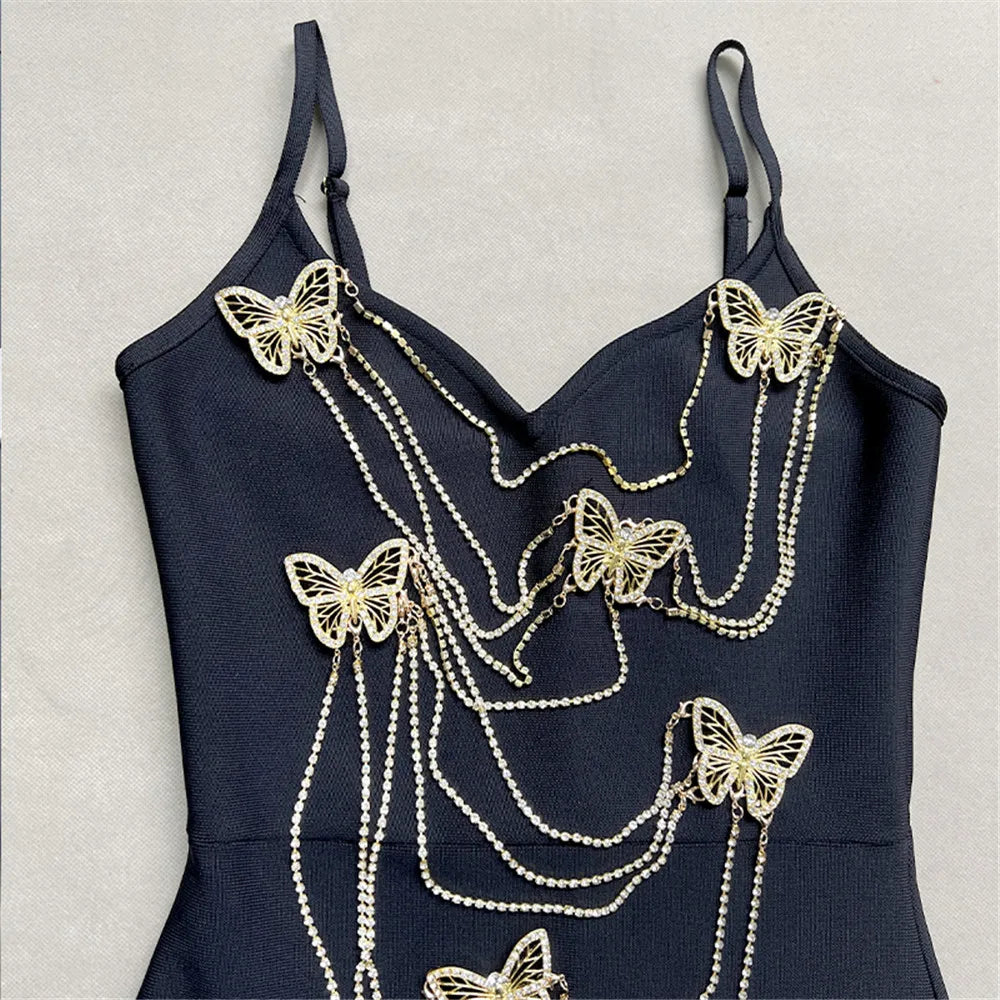 Fashionable and elegant party dress with embroidered butterfly bead chain dress