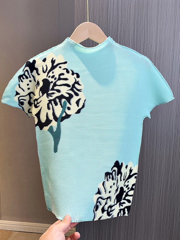 Cause Pleated T-shirt Round Neck Short Printed Flower Tops High Waist Fold Fashion Skirts  Summer - CIANARA