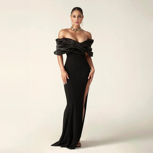 Black fashion pleated edge strapless dress for slimming, tight fitting, and floor length, with a hip hugging design