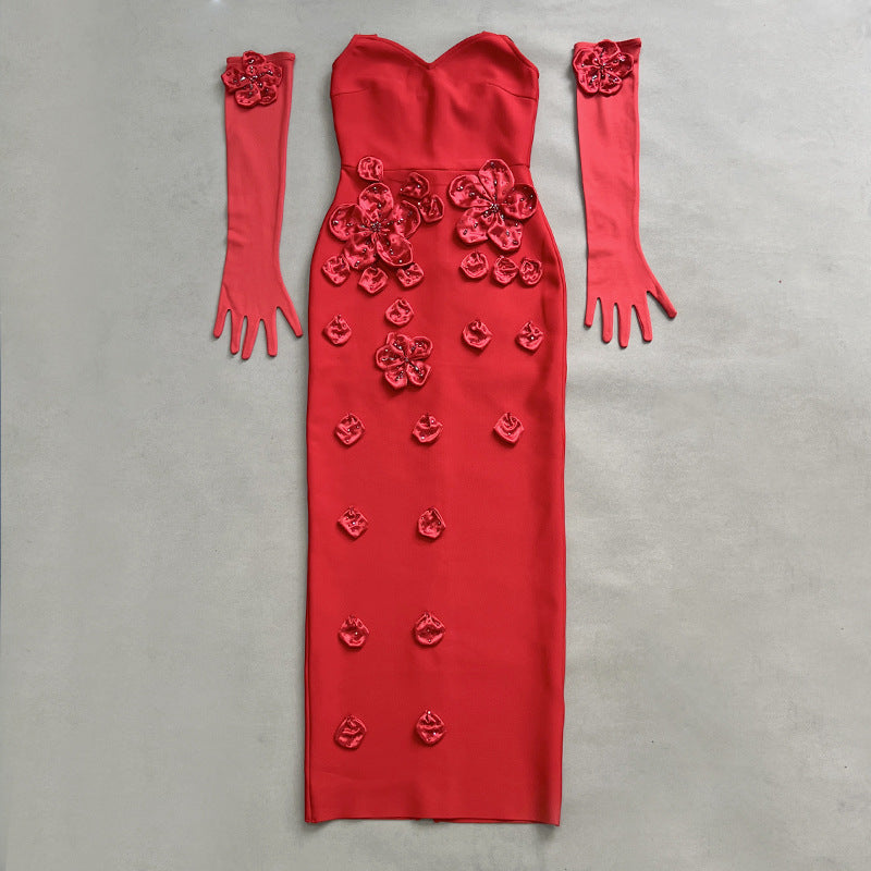 Fashion Sleeveless Backless Halter with Gloves Flower Decorated Fitted Long Bodycon Dress for Women