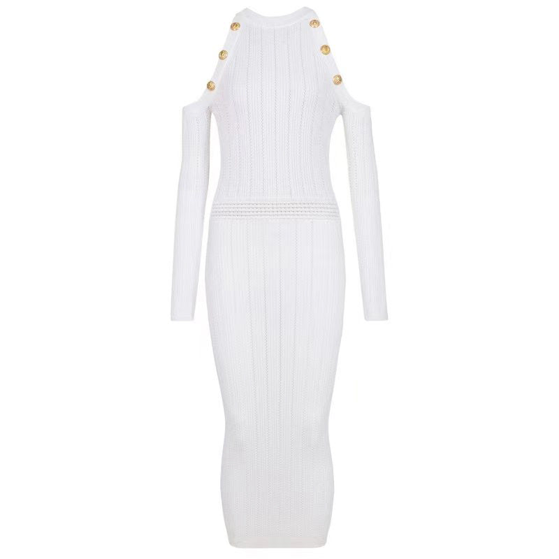 Spring And Autumn Irregular Hollow Out Sexy Round Neck Knitted Dress Knee Length Dress