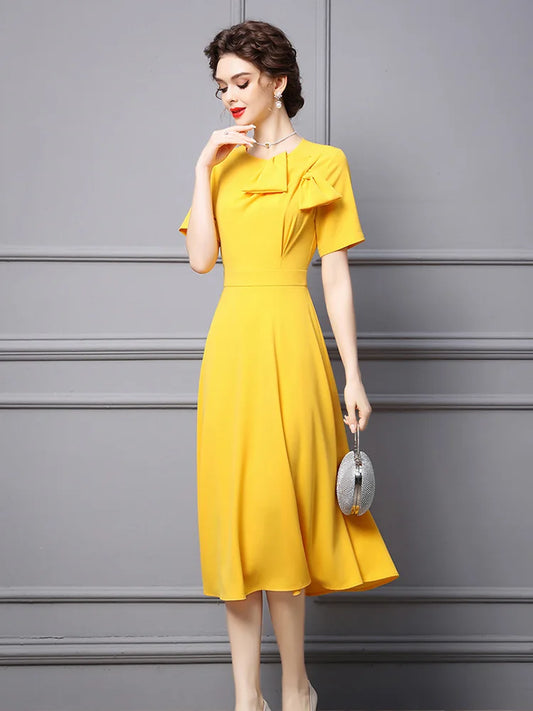 ZJYT Elegant Ladies Midi Simple Yellow Party Dresses for Women Summer Designer Bowknot Short Sleeve Office Vestidos Aline