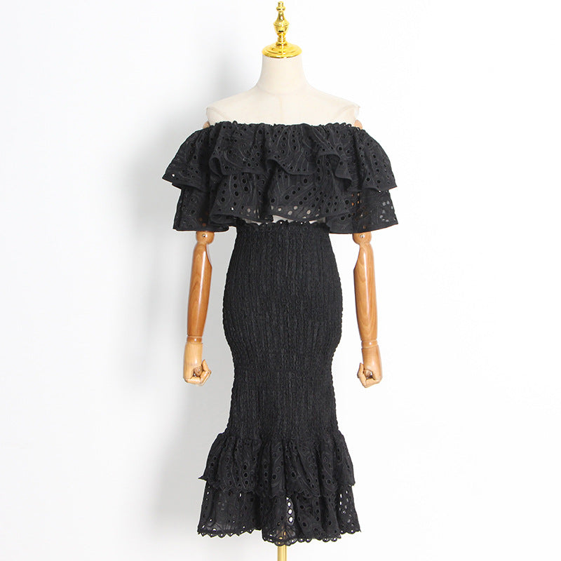 Beach Vacation Style Fashion Casual Set Women Ruffle Irregular Blouse + High Waist Mermaid Skirt Set