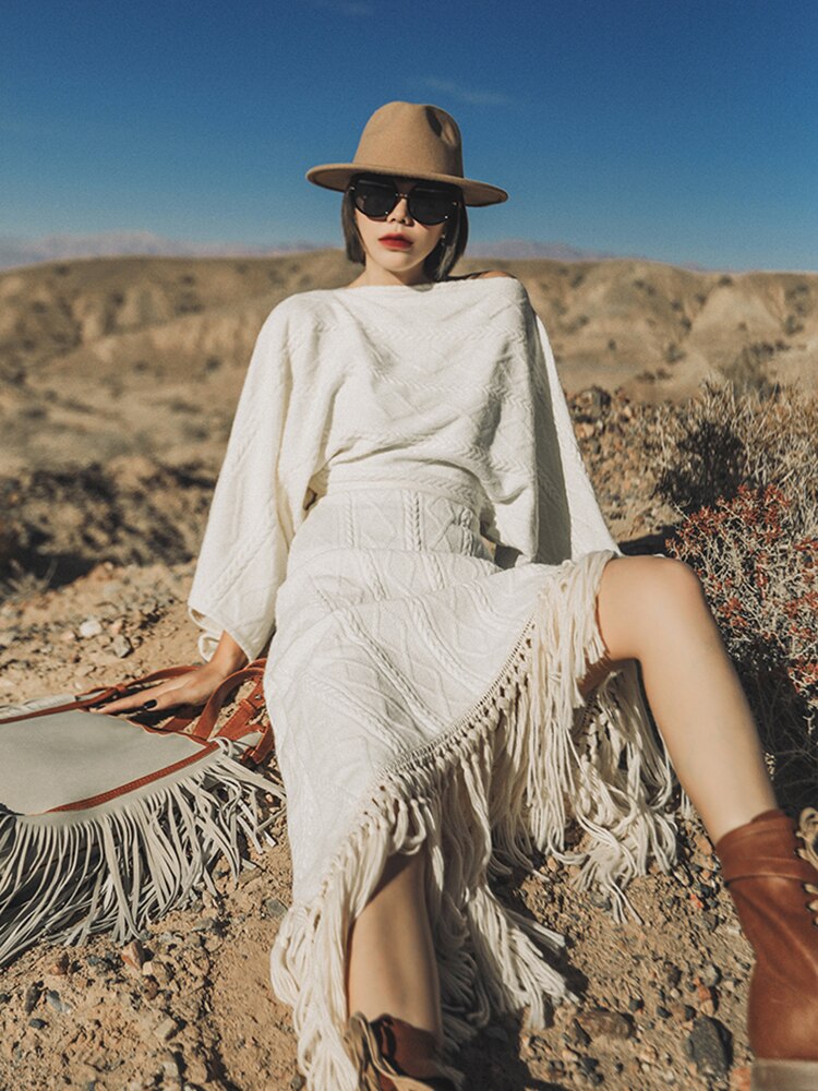Vintage Versatile Tassel Knitted Dress Women's Spring and Autumn New Style Sweater Long Dress