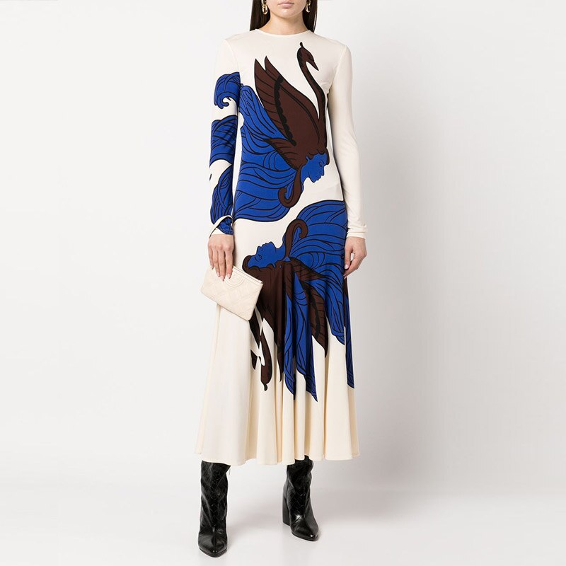 Runway Dress Women O-Neck Long Sleeve High Street Floral Printed Designer A-Line Midi Dresses Traf Clothes