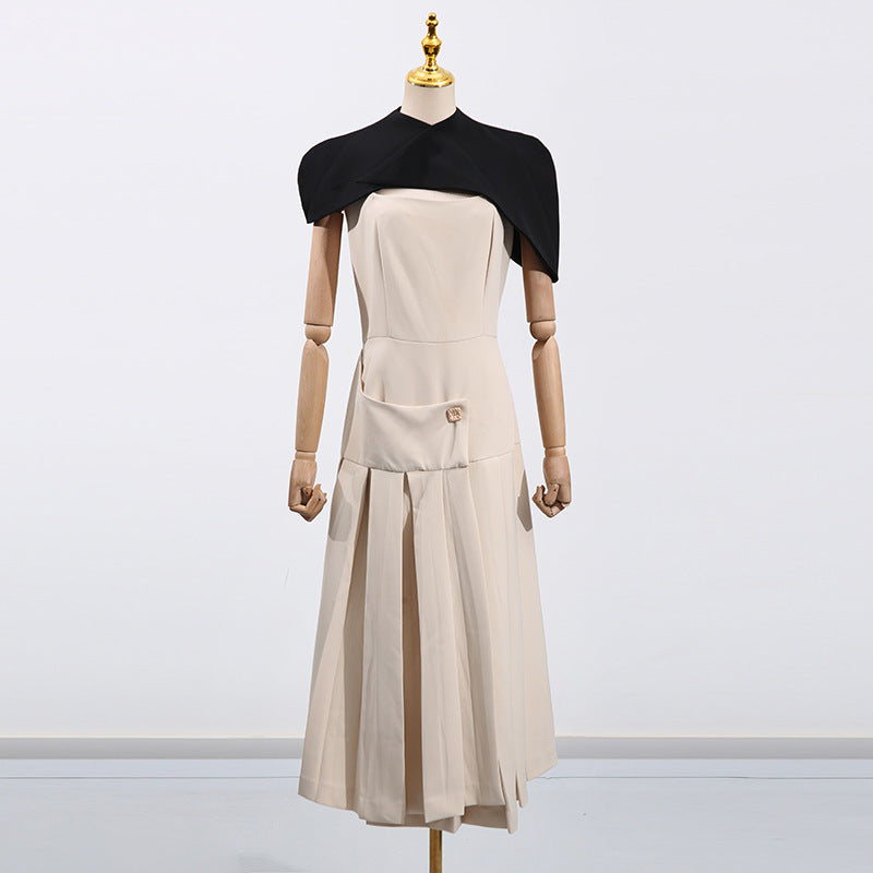French Elegance Royal Style Long Dress Shoulder Cape Sleeveless Design Waist-Cinching Irregular Hem Women's Dress - CIANARA