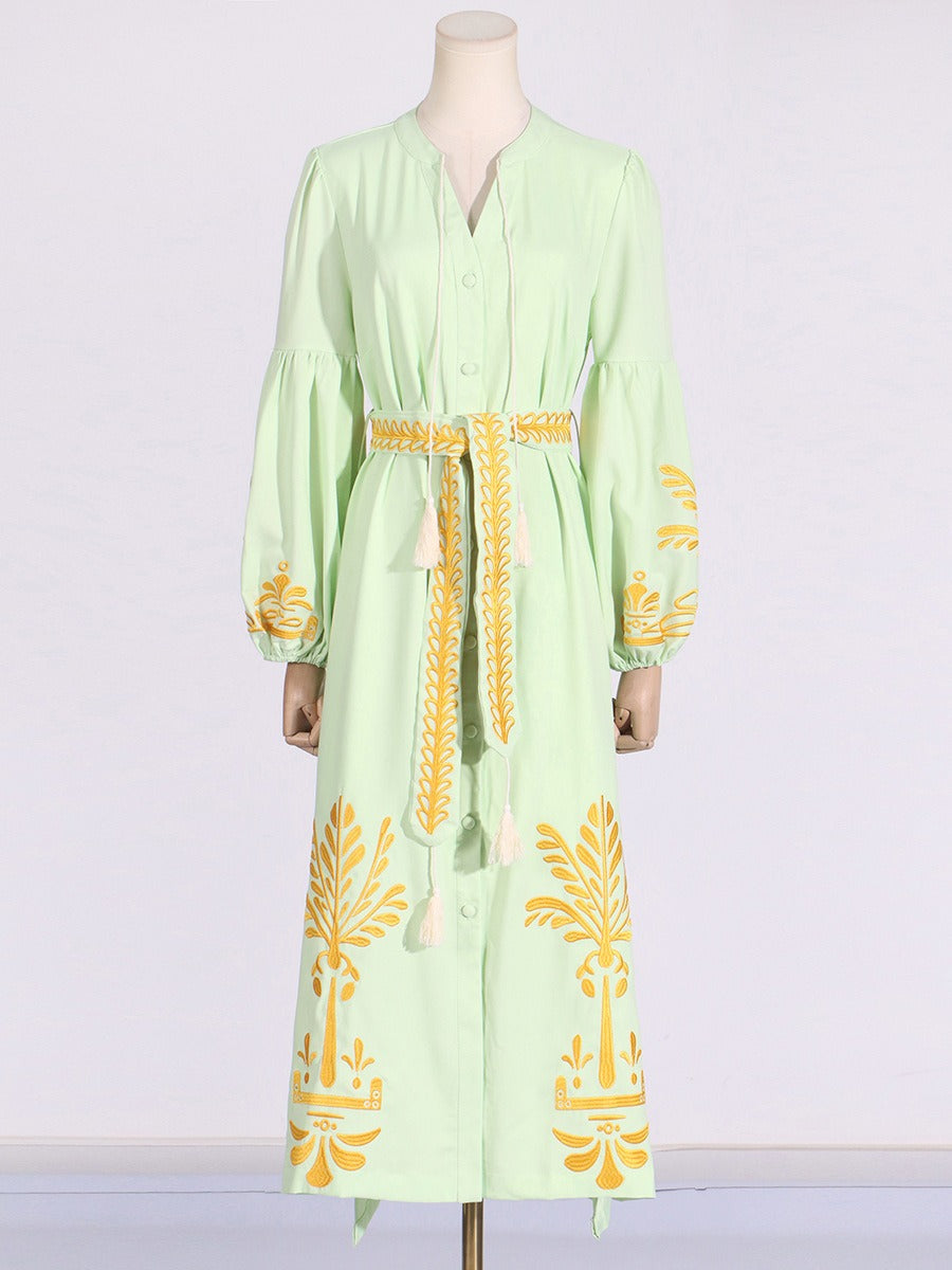 Literary retro style waist slimming lantern sleeve long dress printed lace-up long dress