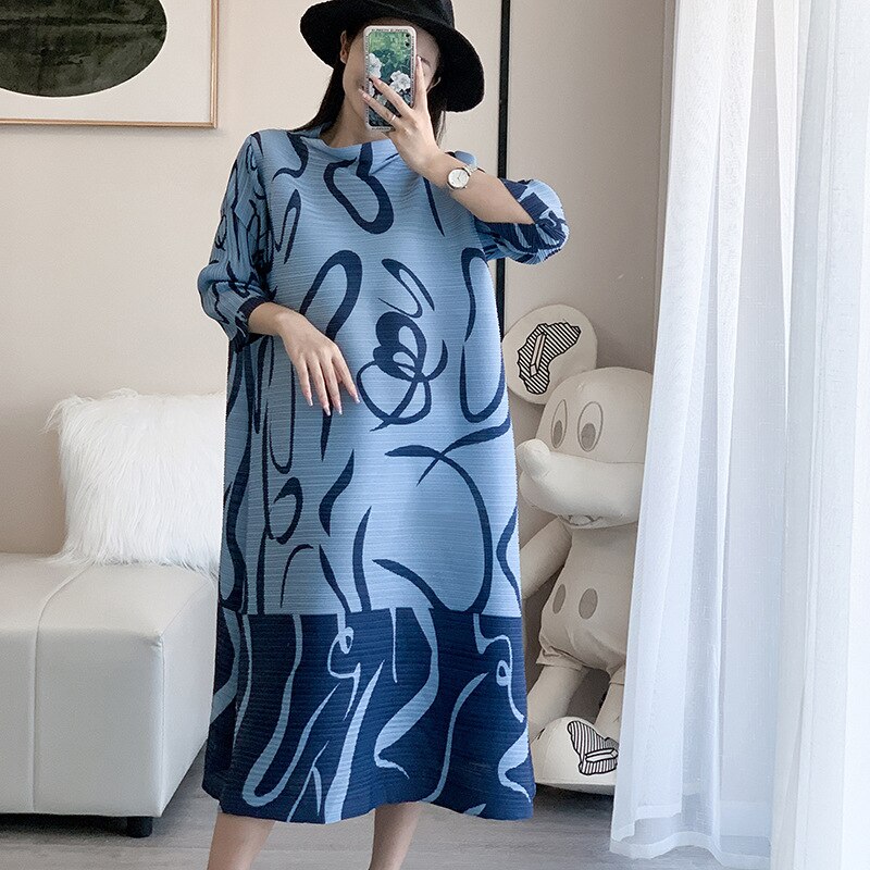 Miyake Pleated Spring New Women's French Fashion Print Dress Loose And Thin Belly-Covering Long Skirt