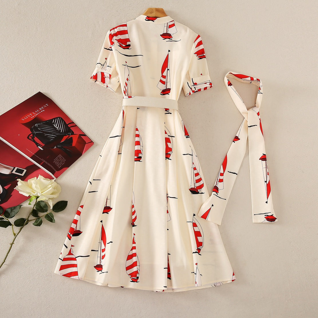 European and American style lapel short-sleeved boat print shirt dress