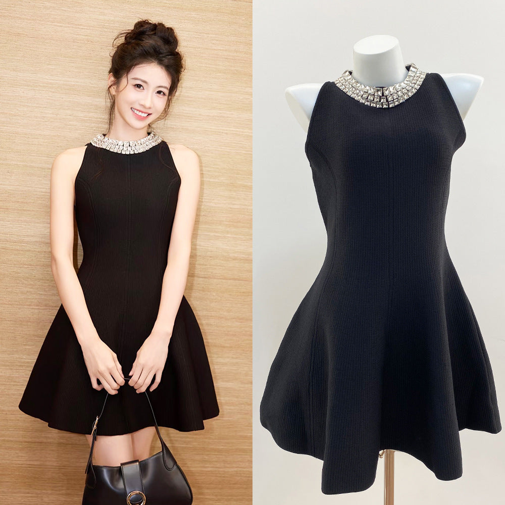 Blogger Pan Junya's Style Sd Home French Noble-Style Beaded Sleeveless Short Umbrella Skirt Little Black Dress