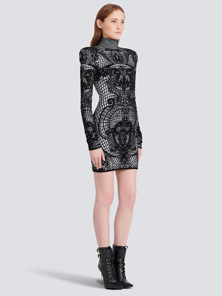 Niche Designer Brand Women's Stand Collar Long Sleeve Skinny Skirt Print Dress