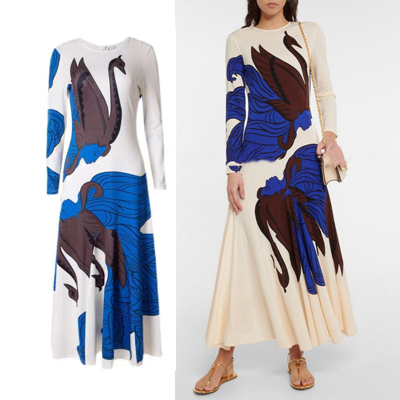 Runway Dress Women O-Neck Long Sleeve High Street Floral Printed Designer A-Line Midi Dresses Traf Clothes