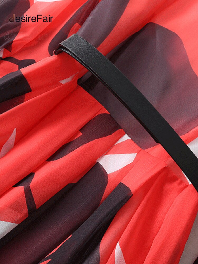 DesireFair Trendy Spring And Summer Mid-Length Women Commuter Style Single-Row Multi-Button Belt Mid-Waist Lapel Print Dresses